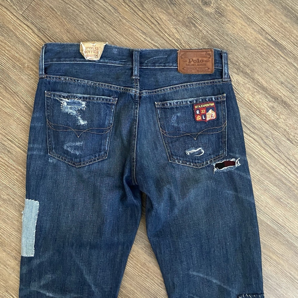 Polo Ralph Lauren Dungarees Patchwork Blue Distressed Denim Pants Wmns Sz 25 NEW - Picture 9 of 10